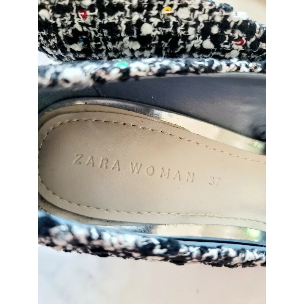 Zara Tweed Sequin Pointed Toe Black White Multicolor Slip On Shoes Heels 37 6.5_8
